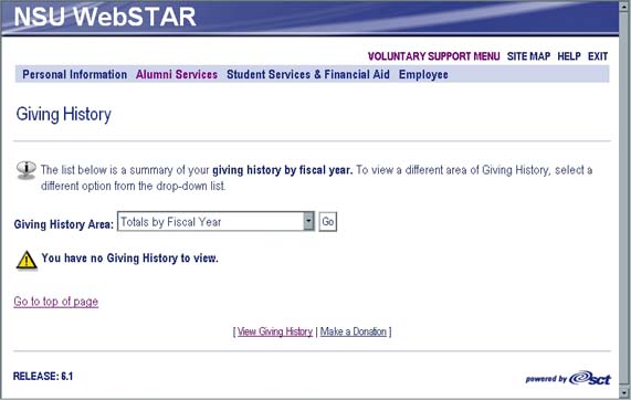 WebSTAR for Alumni Giving History screen